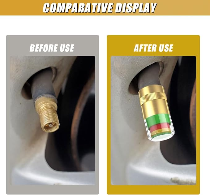 ZIMISI 12PCS Car Tire Pressure Monitor Valve Stem Caps, 2.4Bar 36PSI Tire Pressure Monitoring Caps, 3-Color Eye Alert Valve Stem Caps Sensor Indicator for Cars, SUVs, Trucks, Motorcycles (Gold)