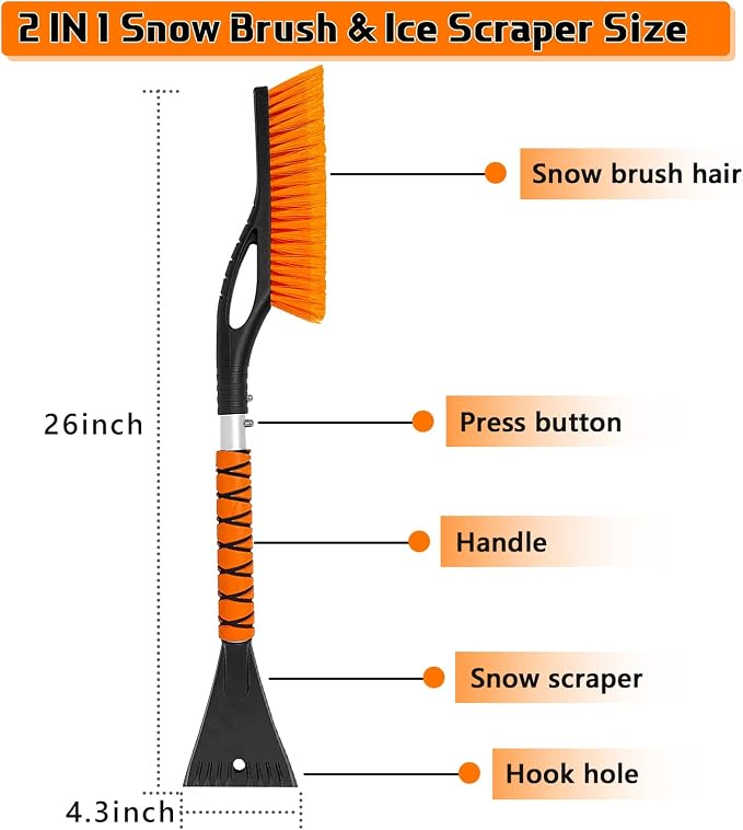 27" Snow Brush and Ice Scrapers for Car Windshield, Trucks, Car Accessories | 2 in 1 Detachable Snow Remover with Ergonomic Foam Handle