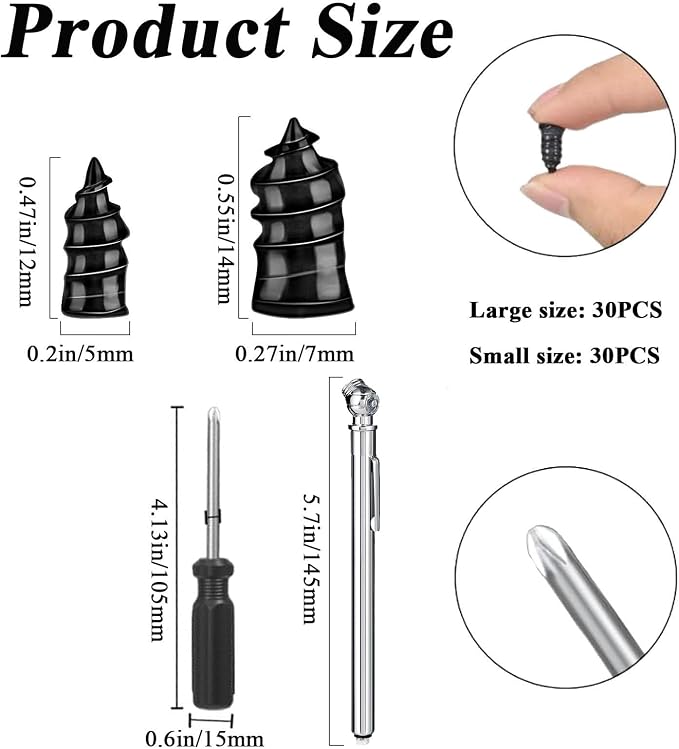 60PCS Tire Repair Rubber Nail, Car Puncture Repair Kit with Screwdriver, Universal Tire Screw Plug Fast Tool Kit for Car, Motorcycle, Truck, Tractor, with 1 Pencil Tire Pressure Gauge(30S+30L)