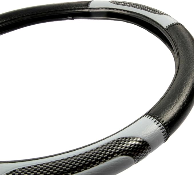 Sporty Two Tone Ergonomic Grip Steering Wheel Cover - Carbon Fiber Grip for Standard Size Wheels 14.5-15 inch Gray/Black