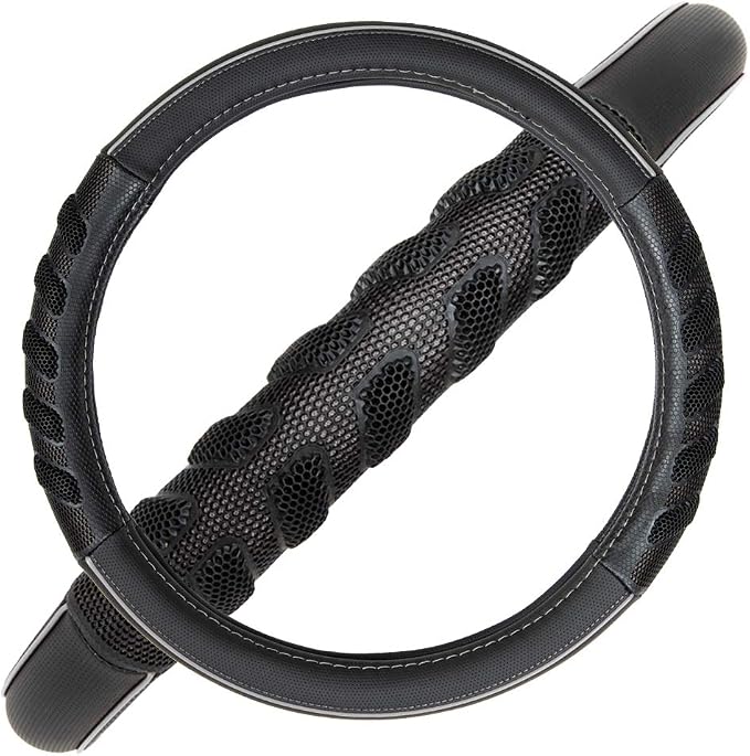 car Steering Wheel Cover Faux Leather Massage Universal fit 3D Honeycomb Hole Anti-Slip Sporty 15 Inches (Grey Black)
