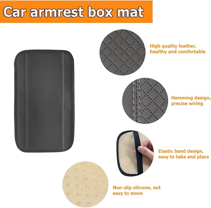 Car Armrest Storage Box Mat, Fiber Leather Car Center Console Cover, Car Armrest Seat Box Cover Accessories Interior Protection for Most Vehicle, SUV, Truck, Car (Gray)