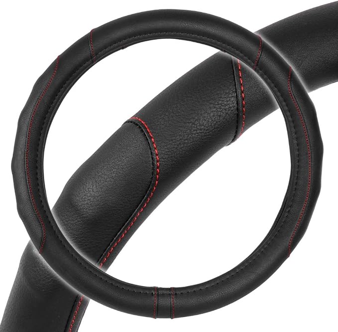 Ergonomic Steering Wheel Cover/Protector for Small Size Steering Wheels in Cars, SUVs, Boats (13.5-14.5") - Grip Drive Pro Comfort Grip (Black/Red Stitching)