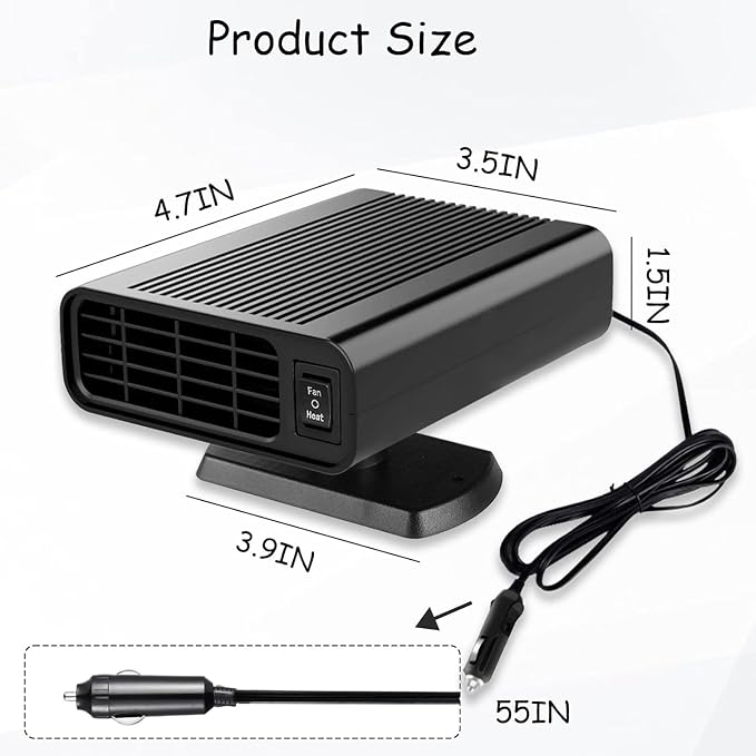 12V Portable Fast Heating Car Defroster and Defogger, 150W Car Heater for Windshield, 360° Heater Plug into Cigarette Lighter for Cars, SUVs, RVs