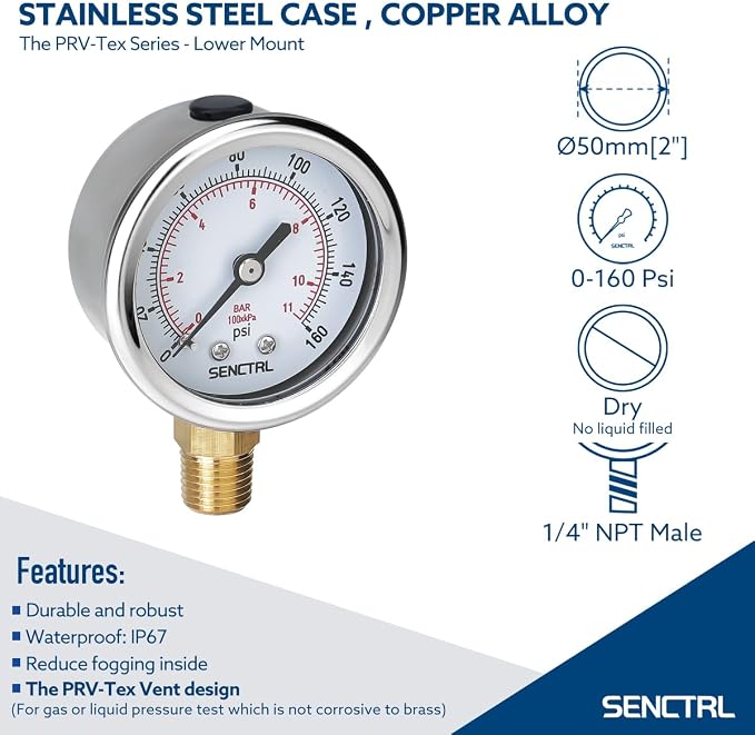 0-160 Psi Pressure Gauge, 2" Dial, 1/4 NPT Lower Mount, Waterproof, Stainless Steel Case, for Pneumatic Regulator Air Compressor RV Regulator Water Tire Pressure Test