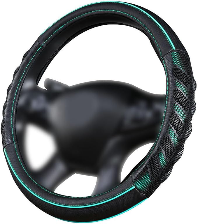 car Steering Wheel Cover Faux Leather Massage Universal fit 3D Honeycomb Hole Anti-Slip Sporty 15 Inches (Mint Green Black)