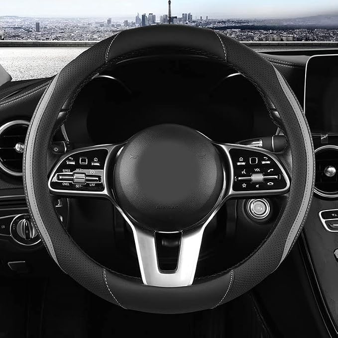 Car Steering Wheel Cover, Leather Steering Wheel Cover Grey Universal 14.5-15 Inch Microfiber Leather Anti-Slip Breathable Auto Steering Wheel Covers for Men Women (Black&Grey)