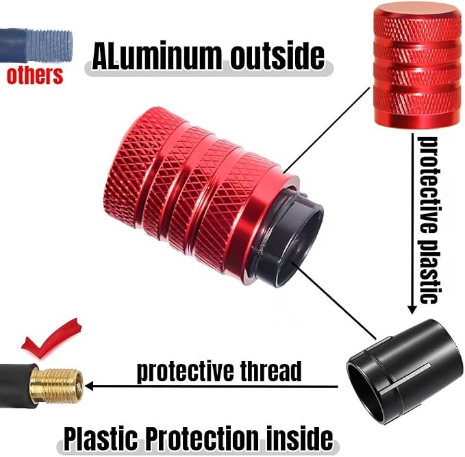 4-Piece Anodized Aluminum-Plastic Composite Tire Valve Stem Caps with Integrated Plastic Sleeve,Corrosion-Resistant and Universal Fit,Suitable for Cars, Trucks, and Motorcycles (Red)