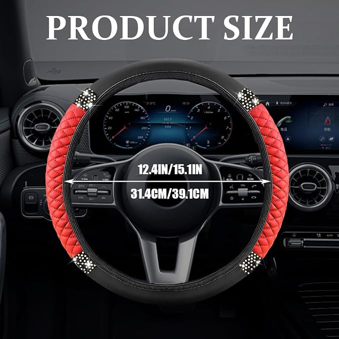 Bling Soft Leather Steering Wheel Cover, Steering Wheel Protector, 15 Inch Rhinestones Car Elastic Protector with Crystal Diamond for Women Girls, Car Accessory for Vehicles (Red)