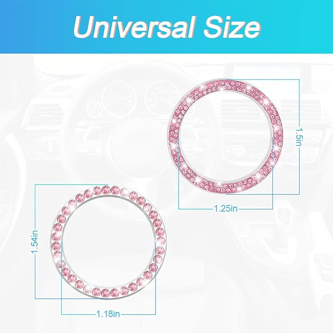 Car Bling Crystal Rhinestone Engine Start Ring Stickers, 1 Single Drainage Drill and 1 Double Drainage Drill Car Start Button Cover, Key Ignition Knob Bling Ring Decals, Car Accessories(Set Pink)