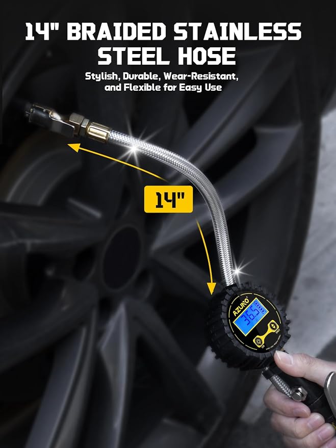 Digital Tire Inflator with Pressure Gauge, 200 PSI Heavy Duty Air Compressor Accessories, with 14'' Steel-Braided Hose Lock on Air Chuck and Quick Connect Coupler