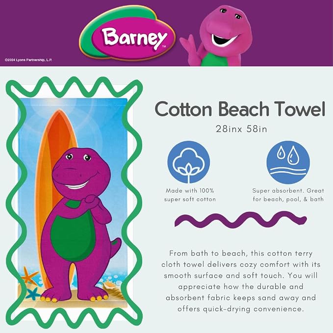Barney Classic Kids Super Soft Cotton Bath/Pool/Beach Towel, 58 in x 28 in, (Offical Licensed Product) By
