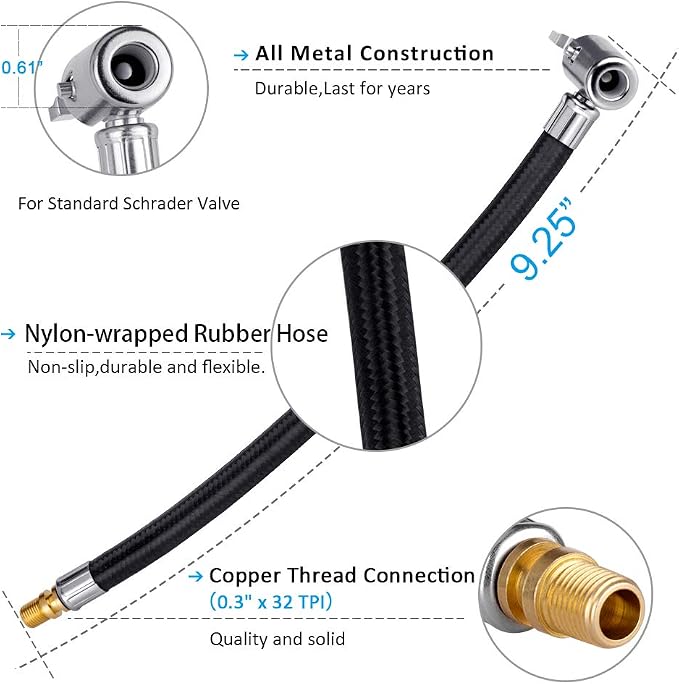 Locking Tire Chuck with Rubber Hose and Standard Tire Valve Fine Thread, Tire Inflator Pump Hose Adapter for Twist On Convert to Lock On Connection