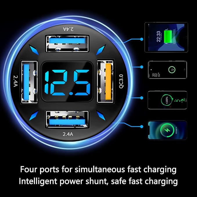4-in-1 Car Charger 66W Super Fast Charging with USB 2.4A&QC 3.0(Voltmeter&LED Lights) Universal Quick Charge for 12-24V Car Cigarette Lighter Plug(Black-QC/2.4A)