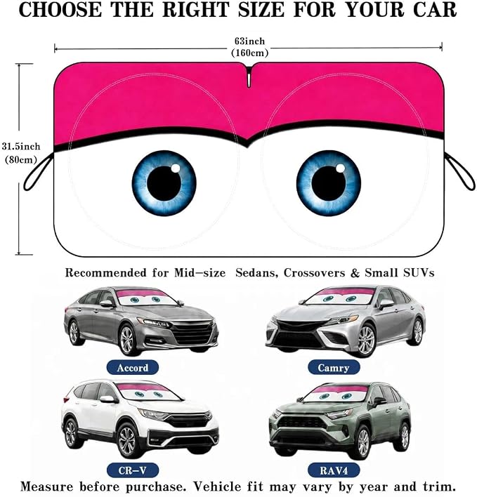 Car Windshield Sun Shade, Universal Fit Midsized Sedan SUV, Cute Pink | 63 x 31.5" Windshield Cover, Foldable Front Window Sunshade, UV Heat Protection, Cute Eyes Series