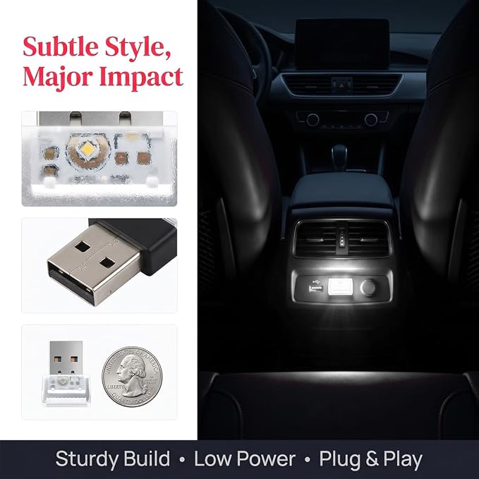 4PCS USB LED Car Interior Atmosphere Lamp, Portable Mini, White | 5V USB-A plug-in, soft accent glow, no wiring, decor night light, car accessories for cars, SUVs, trucks