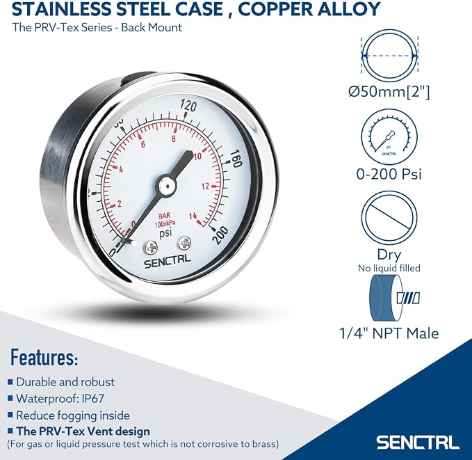 200 Psi Pressure Gauge, 2" Dial Size, 1/4 NPT Back Mount, Waterproof, Stainless Steel Case, for Water Filter Pneumatic Regulator Air Compressor Tire Pressure Test