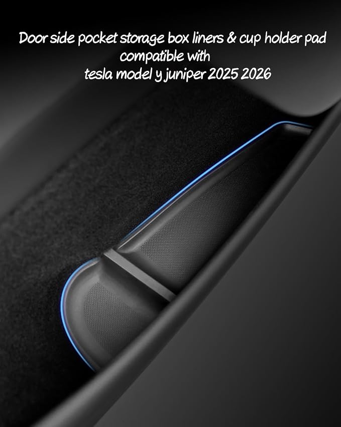 Door Side Pocket Storage Box Liners, 4pcs TPE Front & Rear Door Pocket Inner Organizer Trays and Cup Holder Pad Compatible with Tesla Model Y Juniper 2025 2026