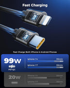 Retractable Car Charger, 99W Car Phone Charger with Cables Fast Charging, USB C Car Charger Adapter for iPhone 17 16 15 14 13 12, Samsung, Black (Pack of 2)