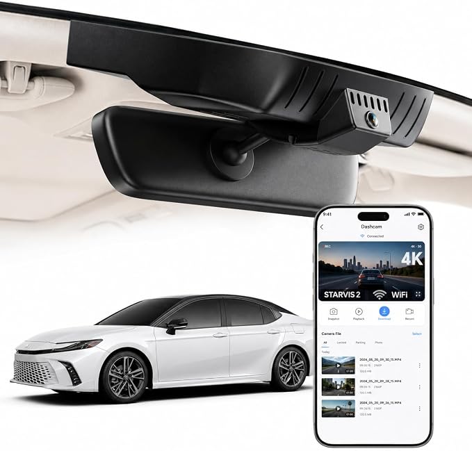 4K STARVIS 2 Dash Cam for Toyota Camry LE SE XLE XSE Nightshade,OEM-Style Hidden Front and Rear Camera, WiFi App, Loop Recording, G-Sensor, Parking Hardwire Kit Included, 64GB
