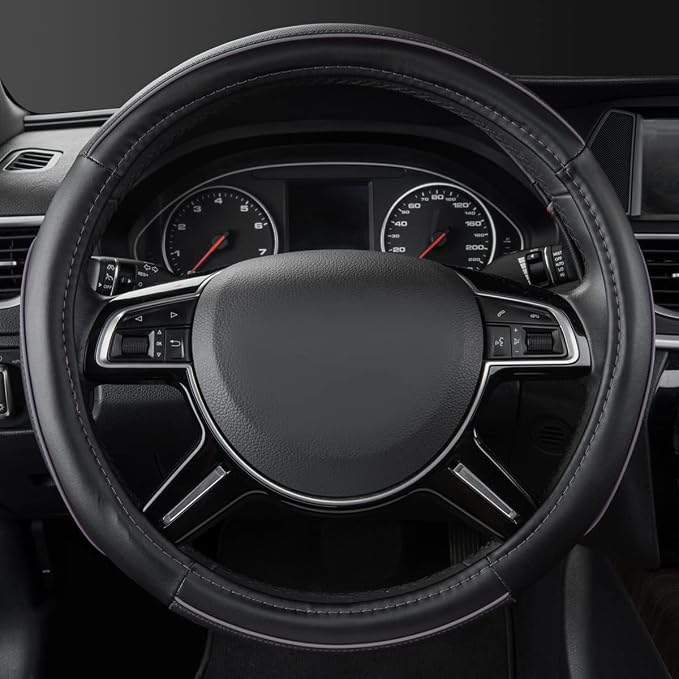 Color Piping Microfiber Leather Universal Fit Steering Wheel Cover,Perfectly fit for 14.5-15 inches Suvs,Vans,Trucks,Sedans,Cars,Automotive(Black & Gray or Grey)