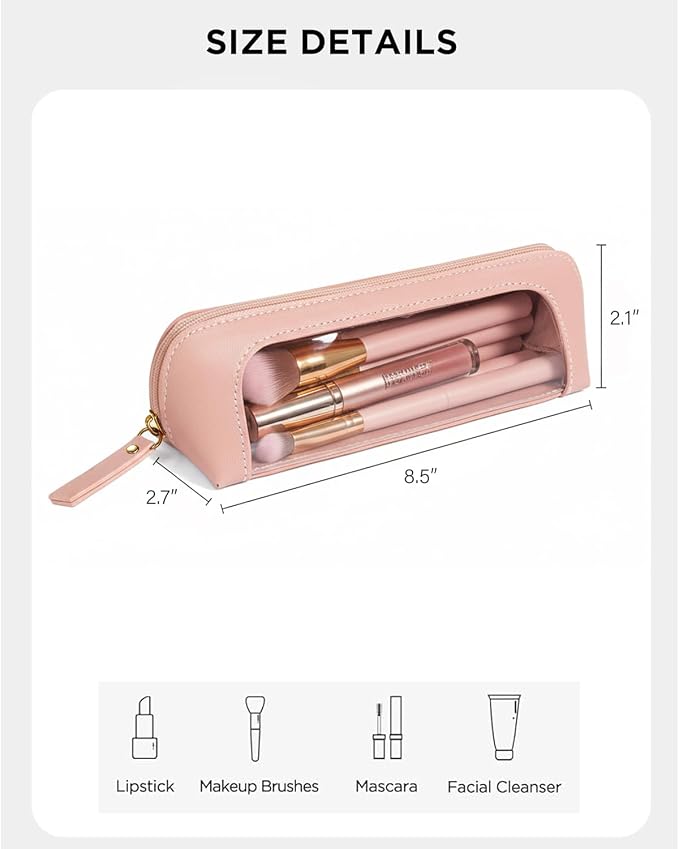 2Pack Clear Makeup Bags Set,Clear Travel Makeup Brush Holder,Portable Leather Pencil Case Holder Travel Toiletry Bag for Women (Chic Pink)