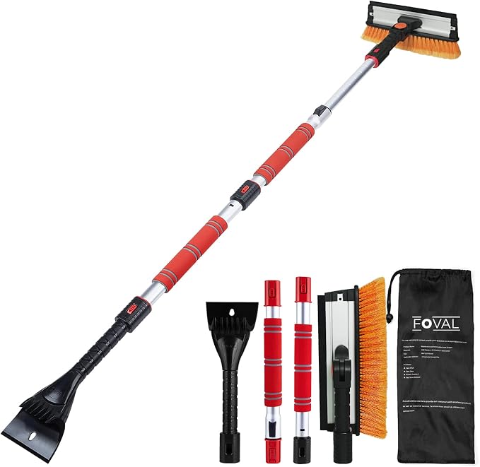 62.4" Extendable Ice Scraper Snow Brush with Squeegee for Windshield Window Car Trucks SUVs, 270° Pivoting Brush Head, Essential Winter Tool Ice Snow Remover with Comfortable Foam Grip