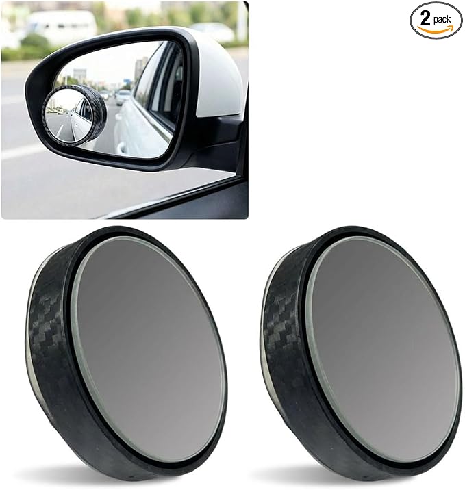 2PCS Car Blind Spot Mirror with Suction Cup, 360°Adjustable HD Glass Automotive Rear View Mirror, Universal Carbon Fiber Wide-Angle Side Mirrors for Cars, SUVs, Trucks(Black)