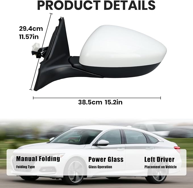Left Driver Side Mirror Compatible with Honda Accord LX Sport 1.5T 2018-2025 Power Glass | Non-Heated | Paint to Match Repalces HO1320328 76258-TVA-A02 (3Pins-White)