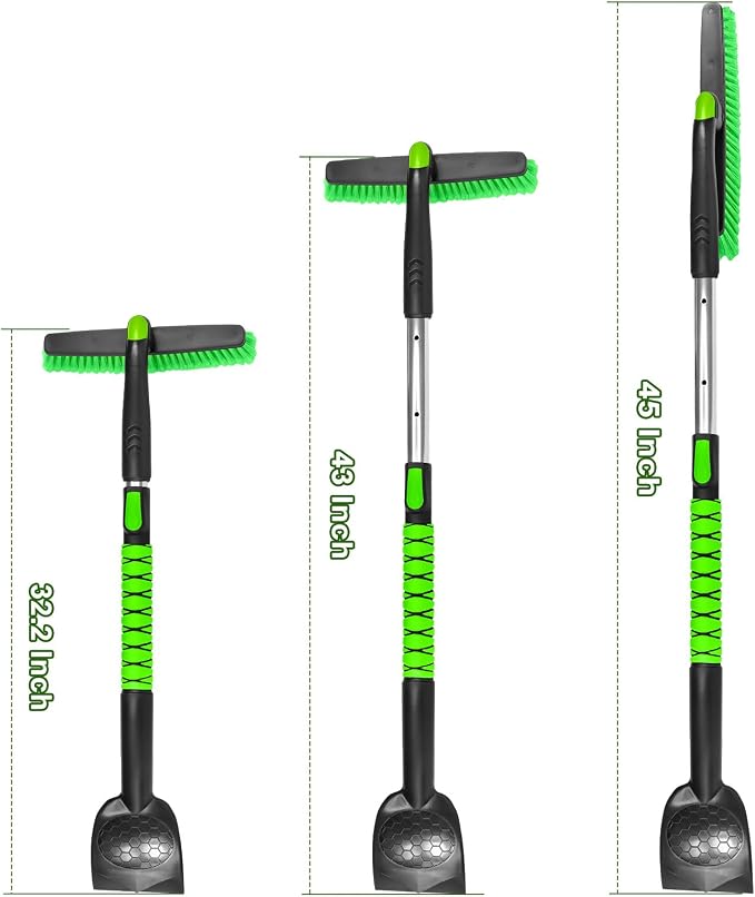 45 Inch Snow Brush with 5.2" Extra Wide Ice Scraper for Car, Extendable Snow Scraper with Foam Grip, 360° Pivoting Brush for SUV Truck Jeep Vehicle Windshield Window - Green