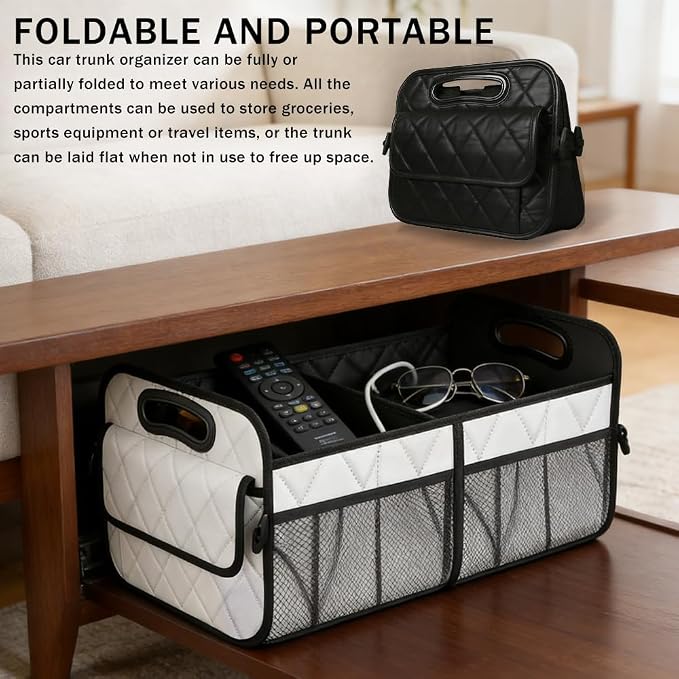 Car Trunk Organizer, Car Organizers and Storage, Large Capacity Vehicle Storage Bag with 6 Pockets, Auto Accessories Foldable & Portable Cargo Organizers for SUV Minivan Truck (White)