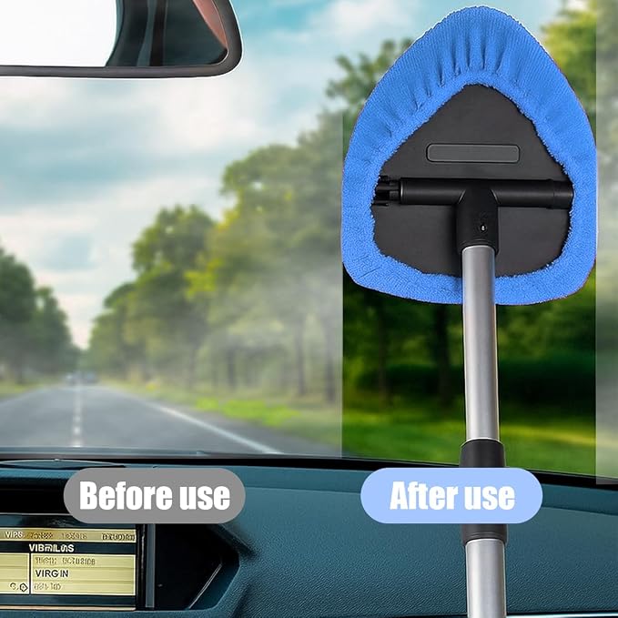 Car Windshield Cleaner Tool, Vehicle Window Detailing Cleaning Kit with Extendable Handle & 4 Washable Microfiber Pad, Auto Glass Wiper Cleaner for Exterior & Interior, Universal Fit (Blue)