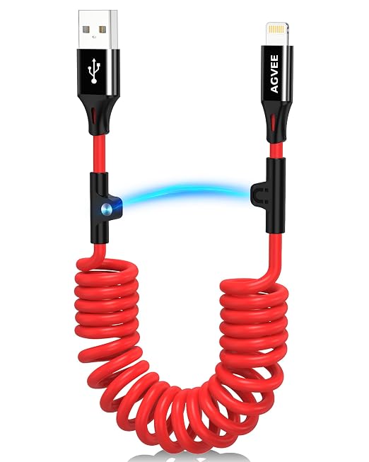 3ft Coiled Short USB to Lightning Charging Cable [MFI Certified] 3A Fast Charger Cord in Car for iPhone 14/13/12/11/XS/8/7/6/5 CarPlay, iPad, iPod, Red