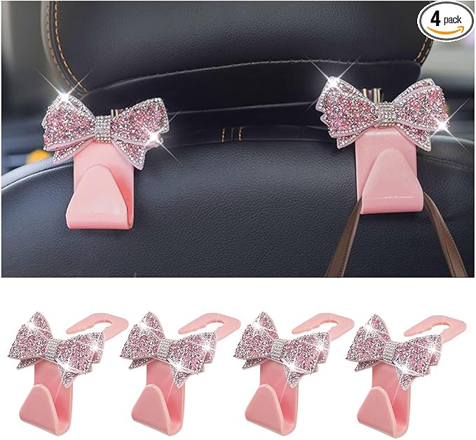 Zpana Bling Car Headreat Hook, 2PCS Crystal Rhinestone Cute Bow Vehicle Seat Back Hanger Storage for Purses Bags Grocery, Diamond Auto Rear Seat Organizer, Universal for SUV Truck Sedan (Pink)