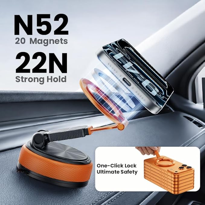 Magnetic Car Phone Mount, 2-in-1 Detachable Ring Stand for Desk & Dashboard, 360° Triple Axis Windshield Holder, N52 Strong Magnet, Universal Fit, Includes 2 Metal Plates, (orange)