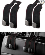 2 PCS Car Seat Headrest Hook, Back Seat Hanger with Double Flexible Leather Hooks, Soft Leather Double Headrest Metal Hooks Purse Handbag Organizer, Car Accessories (Black)
