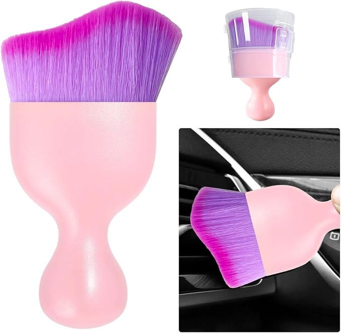 Car Detailing Brush, Curved Soft Bristles Auto Removal Dust Collectors, Universal Vehicle Dashboard, Air Conditioner Vents etc Interior Cleaning Tool Accessory (Pink/Purple)