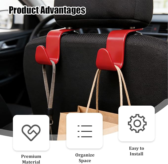 Car Seat Headrest Hook, 4PCS Vehicle Seat Back Hanger Storage Organizer for Handbag Purse Coat, Auto Interior Headrest Hook, Universal for SUV Automobile Truck (Red)