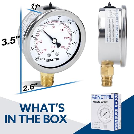 30 inHg to 30 Psi Vacuum Glycerin Liquid Filled Low Pressure Gauge, 2.5" Dial Size, 1/4" NPT Lower Mount, Stainless Steel Case, for Air Conditioning Manifolds, HVAC, Air Pump Vacuum Test