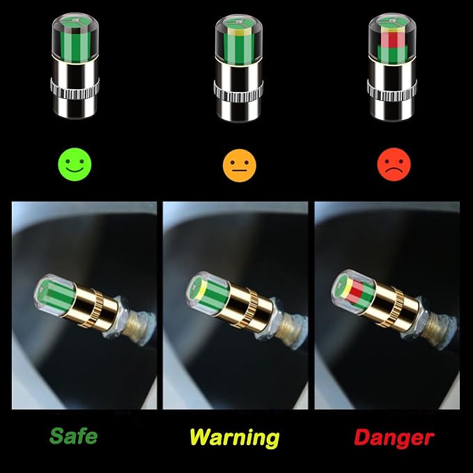 4Pcs Car Tire Pressure Monitor Valve Stem Caps Sensor Indicator 3 Color Eye Alert (Golden,2.2Bar 32PSI)