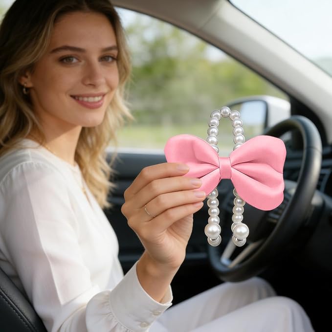 2PCS Bow Pearl Car Seat Headrest Hook, Cute Vehicle Seat Hangers Storage Organizer for Handbag Purse Coat, Auto Interior Headrest Decorative Hook, Universal for SUV RV Truck (Pink)