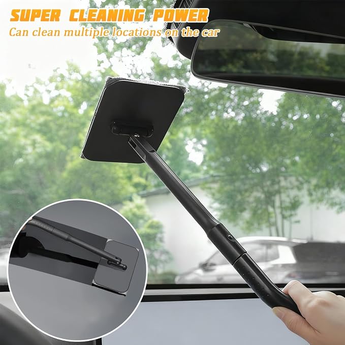 Zpana Car Windshield Cleaning Tool, Vehicle Window Cleaner with Extendable Handle & 4 Washable Microfiber Pads, Automotive Glass Wiper Windscreen Wash Kit, Universal for Vehicles