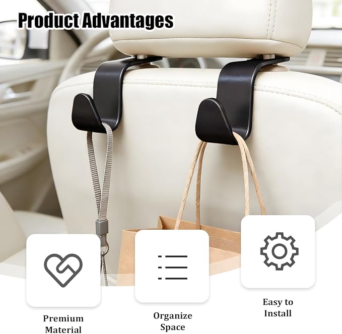 Car Seat Headrest Hook, 4PCS Vehicle Seat Back Hanger Storage Organizer for Handbag Purse Coat, Auto Interior Headrest Hook, Universal for SUV Automobile Truck (Black)