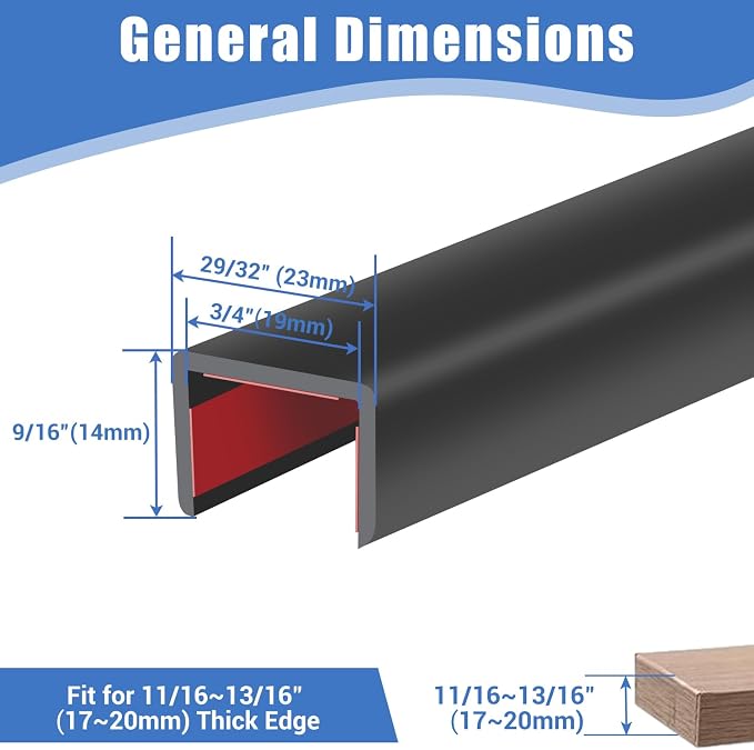 Rubber Edge Trim, Self-Adhesive Flexible Edge Protector for Plywood, Cabinet and Drawer, 3/4" Peel and Stick U Shaped Edge Banding for Wood, EPDM Material, Fit 0.75"(19mm), Length 10Ft