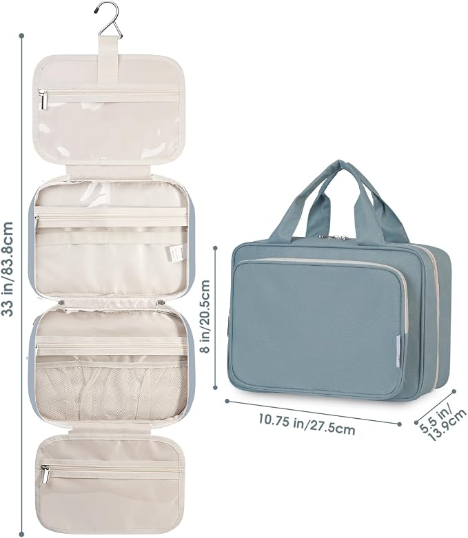 Hanging Toiletry Bag for Women Travel Makeup Bag Organizer Toiletries Bag for Travel Size Essentials Accessories Cosmetics (Greyish Blue (Medium))