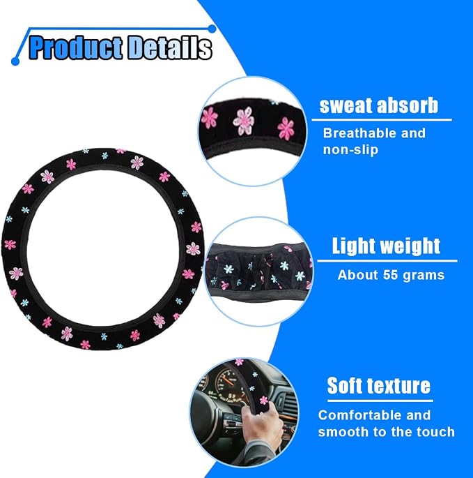 Cute Embroidery Flower Steering Wheel Cover, Non-Slip Floral Steering Wheel Protector with 4 PCS Flowers Car Air Vent Clips, Universal Car Interior Decorations for Women Girls