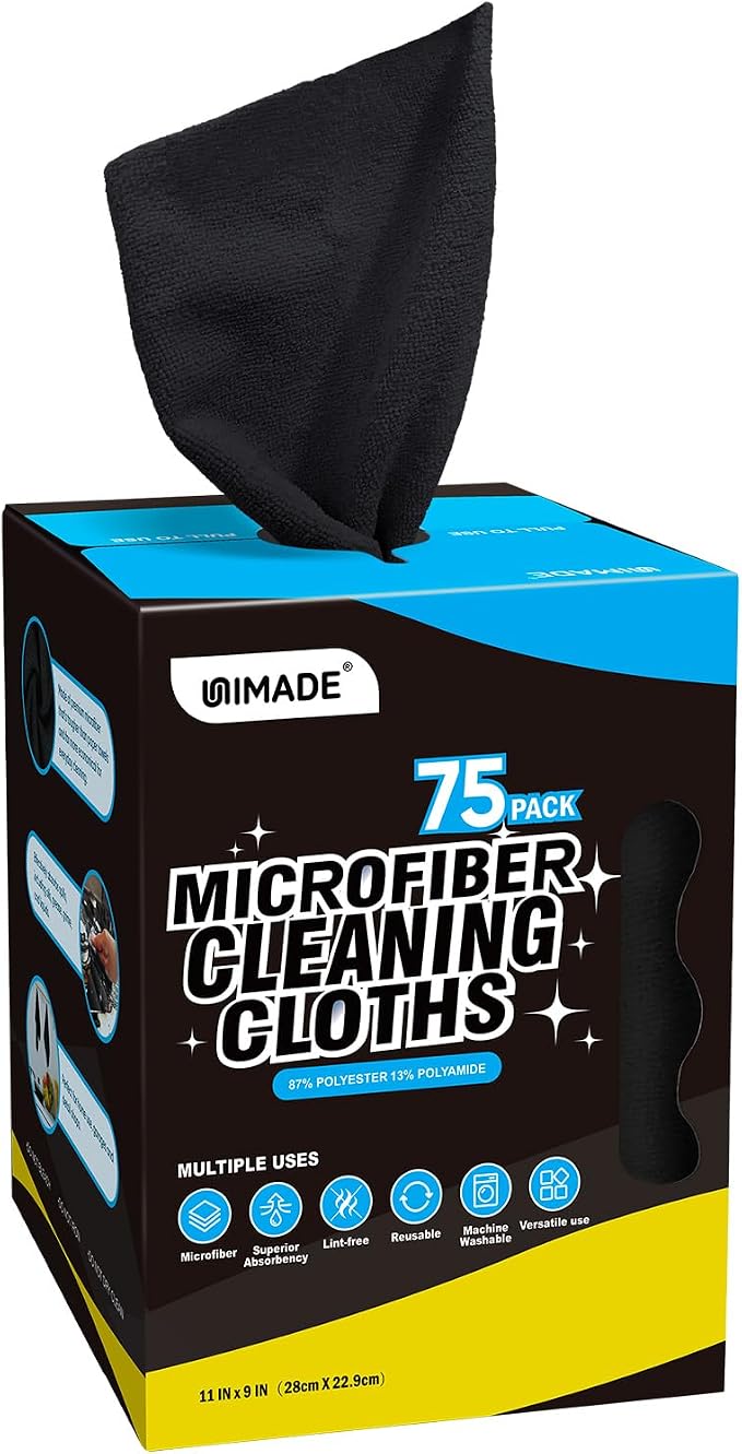 Microfiber Cleaning Cloth, 75 Sheets Microfiber Towels for Cars Commercial Grade Washcloths Lint-Free Bulk Shop Towel Cleaning Rags for Household Restaurant Garage Housekeeping, 11"x 9", Black
