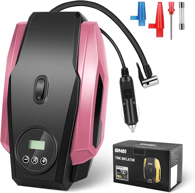 Tire Inflator Portable Air Compressor, 12V DC Air Pump for Car Tires, Bike, Motorcycle, Ball, Electric Bike Tire Pump with Pressure Gauge, LED Light, Auto Shut Off, Pink, TOOLS-00679-PK