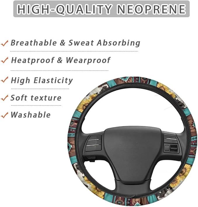 Aztec Sunflower Cow Print Blue 15 Inches Car Steering Wheel Covers Universal Auto Accessories Car Interior Decoration for Women Men