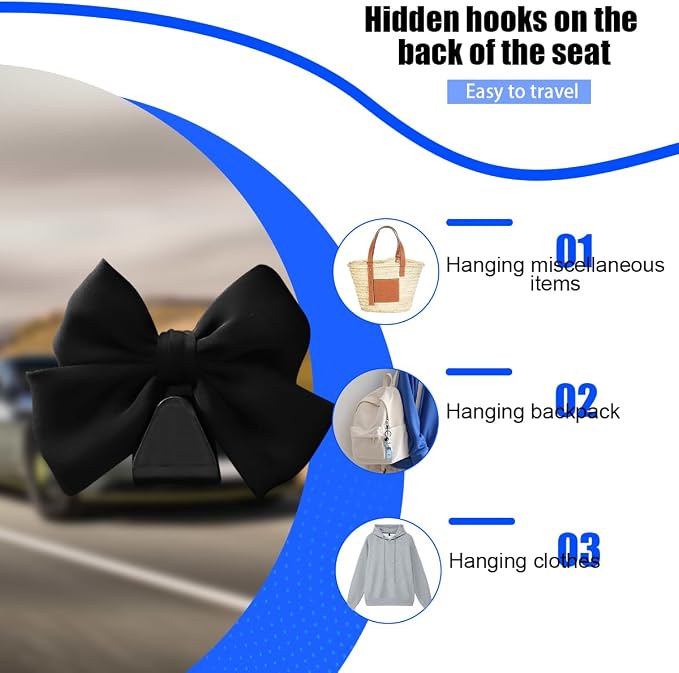 2PCS Car Seat Headrest Hook, Cute Bow Backseat Hanger Holder for Purse Bag Handbag Coat, Auto Interior Seat Back Grocery Storage Organizer Hook, Universal for Vehicles (Black)